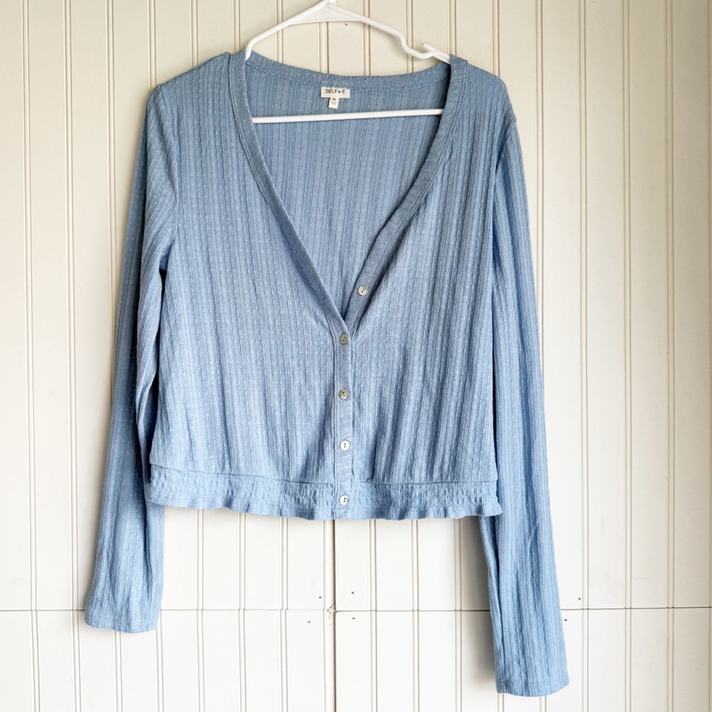 Selfie Size Light Blue Long Sleeve V-Neck pointelle Top